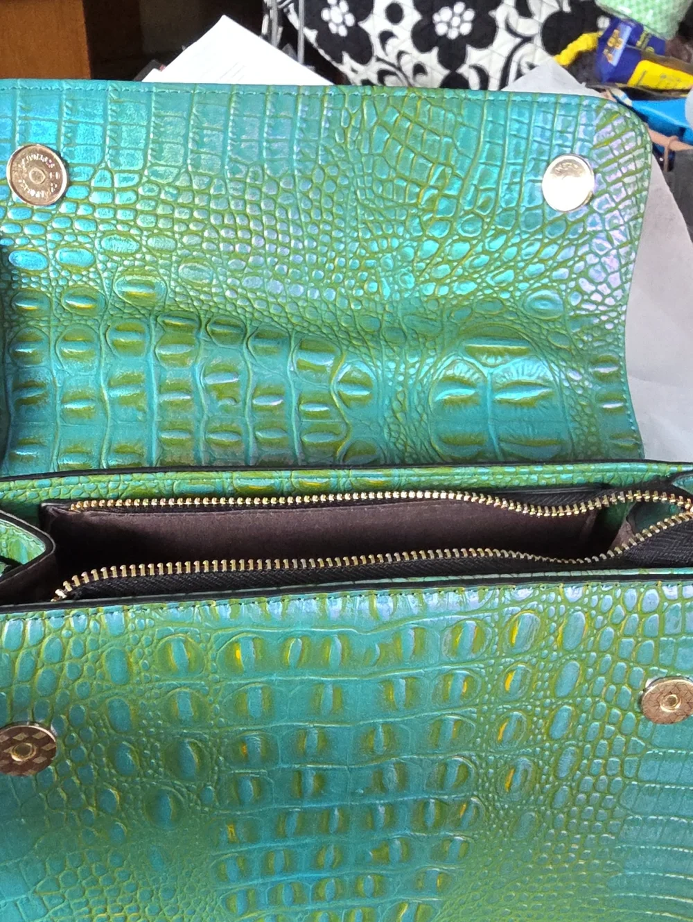 Iridescent Green Croc-Embossed Top-Handle Bag